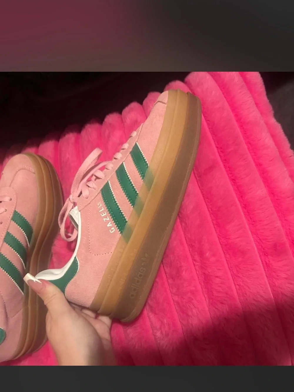 adidas Pink Suede Platform Sneakers with Green Stripes